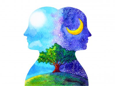 human head chakra powerful inspiration day and night tree abstract thinking watercolor painting illustration hand drawn